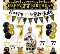 27pcs 77th Birthday Decorations for Men,Black Gold 77th Party Decorations,Happy 77th Birthday Banner Honeycomb Hanging Swirls Cake Topper and Balloons Kit Party Supplies