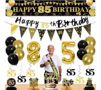 27pcs 85th Birthday Decorations for Men,Black Gold 85th Party Decorations,Happy 85th Birthday Banner Honeycomb Hanging Swirls Cake Topper and Balloons Kit Party Supplies