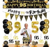 27pcs 95th Birthday Decorations for Men,Black Gold 95th Party Decorations,Happy 95th Birthday Banner Honeycomb Hanging Swirls Cake Topper and Balloons Kit Party Supplies