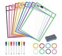 27PCS Dry Erase Pockets Set, 10PCS Dry Erase Pockets 8PCS Erase Pens 1PCS Eraser 8 Binder Rings Reusable Write and Wipe Clean Pockets, Transparent Sheets Erasable Pockets for School Office Home