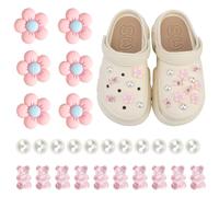 27Pcs Flower Shoes Charms Pink Resin Croc Shoe Decoration with Bear and Pearl Cute Shoe Accessories for Decorative Beach Sandals Summer Water Shoes Bubble Slippers Wristbands Bags with Holes
