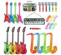 27PCS Inflatable Party Props, Inflatable Instruments Set, Blow Up Guitar, Inflatable Saxophone Bass Microphone Radio Keyboard Glasses for 80s 90s Themed Disco Party Photo Booth Decorations
