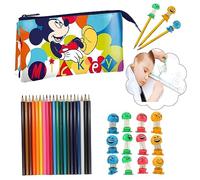 27Pcs Mickey Mouse Stationary Set for Kids| Triple Pocket Pencil Case| Boys Coloring Pencil Set| Pencil Topper Clips Boys Birthday Gifts 3+Years