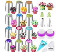 27Pcs Russian Piping Tips Set,Flower Frosting Tips For Cake Cupcake Decorating,12Russian Icing Tips,2Leaf Piping Tips,10Disposable Pastry Bags,1Reusable Silicone Pastry Bag,2Couplers Baking Supplies