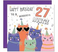 27th Auntie Birthday Card - Childrens Cute Cat Aunt Birthday Card for 27 Year old twenty seven, twenty seventh