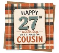27th Birthday Card, Bold Plaid, Amazing Cousin Message | Fun tartan-style background and bold text reading “Happy 27th Birthday to an Amazing Cousin” for a 27th.