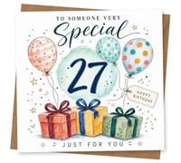 27th Birthday Card, Bright Balloons, Gift Boxes & Confetti | Bright 27th birthday front showing balloons, gift boxes and confetti with “To Someone Very Special” and “Happy Birthday”.