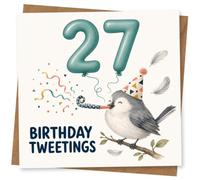 27th Birthday Card for Friend, Birthday Tweetings Bird | Make your friend smile at 27th with “BIRTHDAY TWEETINGS”, a party-hat bird and big 27 balloon numbers with confetti.
