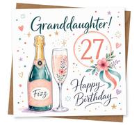 27th Birthday Card for Granddaughter, Fizz & Confetti | Celebrate her 27th with ‘Granddaughter!’ plus a champagne ‘Fizz’ bottle, floral champagne flute, stars and hearts.