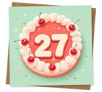27th Birthday Card for Her, C Ry Cake Badge & Bold 27 | Turning 27? Big 27 centred on a pastel cake circle with piped cream swirls, bright cherries, sparkles and sprinkles.