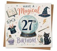27th Birthday Card for Her, Crystal Ball, Owl & Cat | Her 27th birthday card with a crystal ball centre, wand and spell book, plus a wizard hat, owl and black cat.