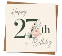 27th Birthday Card for Her, Green, Pink Peony | Large green typography with soft pink florals and script “Happy Birthday” wording-made for her 27th.