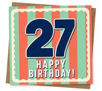 27th Birthday Card for Her, Navy 27 on Retro Stripes | Bold striped background in coral and mint with a big navy 27 and HAPPY BIRTHDAY! message for her 27th.