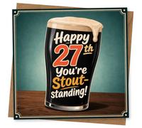 27th Birthday Card for Her, Stout Pint Pun Quote | A cheeky pub-style pun for her 27th: stout pint graphic and “Happy 27th you’re stout-standing!”
