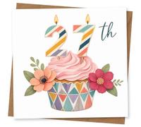 27th Birthday Card for Her, Stripe Candles, Pink Cupcake | Bright 27th for her with striped candle-style number topper, pink frosted cupcake, geometric wrapper and floral details.