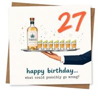 27th Birthday Card for Her, Tequila Bottle and Shots | Bold “27” with a tequila bottle, lined-up shots and lime wedges