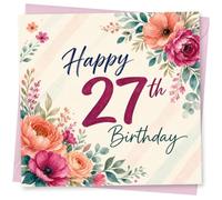 27th Birthday Card for Her, Vibrant Watercolour Flowers | Soft feminine florals for her 27th-“Happy 27th Birthday” message surrounded by vibrant watercolour flowers and leaves.