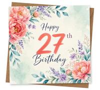 27th Birthday Card for Her, Watercolour Peonies & Lavender | Large coral “27” with script “Happy Birthday”, framed by pink peonies, lavender sprigs and leafy greenery for her 27th.