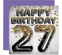 27th Birthday Card for Men, Black & Gold Glitter Balloons
