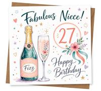 27th Birthday Card for Niece, Champagne & Confetti | 27th card with champagne, florals and confetti sprinkles, plus “Fabulous Niece!” and a bold “Happy Birthday”.