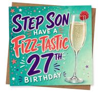 27th Birthday Card for Son, Fizz-Tastic Bubbles & Confetti | Bold “Have a Fizz-Tastic 27th Birthday” lettering with starry confetti and a bubbly champagne flute topped with a raspberry.