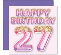 27th Birthday Card for Women, Pink & Purple Glitter Balloons | Happy Birthday Cards for 27 Year Old Woman Daughter Sister Auntie Cousin, 145mm Greeting Cards Gift