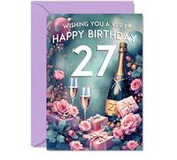 27th Birthday Card - Pink Presents Champagne Bottle - Gorgeous Pretty Beautiful Birthday Cards for 27 Year Old Woman Women, 5x7 Inch Greeting Cards Gift