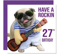 27th Birthday Card - Rock n Roll Pug Dog Funny Birthday Card for 27 Year old twenty seven, twenty seventh