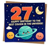 27th Birthday Card, Space Planets, Stars and Cousin Verse | Celebrate a 27th with smiling planets and moon, plus the message “Happy Birthday to the Best Cousin in the Universe!”