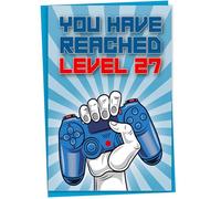 27th Birthday Card, You Have Reached Level 27, Greeting Card for Twenty-Seven Year Old Gamer Birthday Gift for Adult Son or Daughter, For Him Her Grandson Granddaughter, Blue