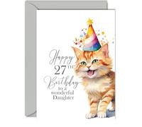 27th Birthday Cards for Daughter - Party Cat Kitten - Happy Birthday Card for 27 Year Old Daughter from Mum Dad, A5 Bday Woman Women Her Greeting Cards Gift for Daughter Birthday Gifts