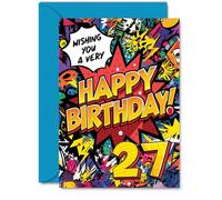27th Birthday Cards for Men Women - Comic Book Pow! - Happy Birthday Card for 27 Year Old Man Woman Uncle Daughter Niece Auntie, A5 Bday Greeting Cards