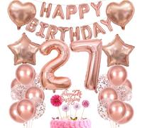 27th Birthday Decoration for Women - Rose Gold Cake Topper, Balloons, and Gift Set