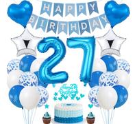 27th Birthday Decoration Set - Blue and Silver Cake Topper for Men and Women