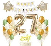 27th Birthday Decorations Set Light Gold White Sage Green Theme Happy Birthday Banner Balloon Decor Photo Backdrop for Women Men Adults Turning 27 Age 27 Party Supplies Celebration Decor Event Bundle