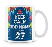 27th Birthday Gift for Men - Personalised Mug/Cup - Add Name - Keep Calm Design - Blue
