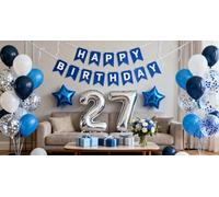 27th Birthday Party Decoration Blue for Him, Happy Birthday Banner Blue Number 27 Star Foil Balloons Latex Confetti Balloons for Men Him 27 Years Old Supplies(27th)