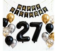 27th Birthday Party Decorations Black Silver Gold, Big Number 27 Foil Latex Confetti Balloons Happy 27th Birthday Balloons Supplies for Men Him Husband Anniversary Party(27th)
