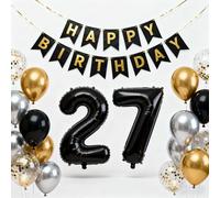 27th Birthday Party Decorations Black Silver Gold, Big Number 27 Foil Latex Confetti Balloons Happy 27th Birthday Balloons Supplies for Men Him Husband Anniversary Party(27th)