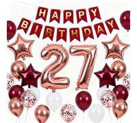 27th Birthday Party Decorations Rose Gold for Women, Happy Birthday Banner Rose Red Number 27 Star Foil Balloons 27th Birthday Confetti Balloons for Women 27 Years Old Birthday Party(27th)