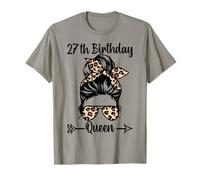 27th Birthday Queen Happy 27 Years Old Messy Bun Leopard T-Shirt