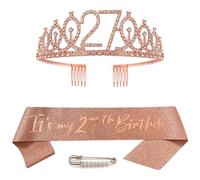 27th Birthday Sash Birthday Crown Queen Tiara Princess Crown Rhinestone Birthday Headbands 27th Birthday Girl Sash Happy Birthday Crown and Sash for Girls Women Birthday Party Ball Decoration