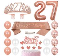 27th Birthday Sash Princess Crown Queen Tiara Rhinestone Headbands Cake Toppers Number 27 Helium Balloons Rose Gold Latex Balloon 27 Birthday Decoration for Women 27 Year Old Birthday Party Supplies
