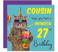 27th Cousin Birthday Card - Meowgical Cat Funny Birthday Card for 27 Year old twenty seven, twenty seventh