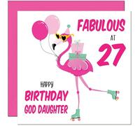 27th God Daughter Birthday Card - Fabulous Flamingo - Pink Cute God-Daughters Birthday Card for 27 Year old twenty seven, twenty seventh