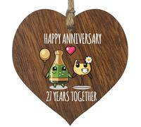 27th Wedding Anniversary Plaque Gift for Husband Wife - 27 Years Together - Happy 27 Year Anniversary Wooden Heart for Women Men Partner, Dark Wood Sign Keepsake Gifts