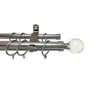 28 / 19mm Metal Double Curtain Pole with Crystal Finial Polished Brushed Chrome and Brass Finish 3m Length Polished Chrome Option