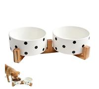 28.74 OZ Elevated Ceramic Dog Bowl Set with Acacia Wood Stand - 3.6 Cup Cat Food Bowl Raised Pet Dish Modern Indoor Water Basic Bowls for Puppies - 850 ML (Double Bowl with Stand - White)