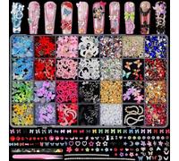 28 Grid Nail Gems Kit, 5000+ Pieces Nail Rhinestones and Nail Art Charms Set with Tweezers and Wax Picker Pen, 3D Bows Pearls Stars Flowers Metal Decorations for DIY Manicure Natural Acrylic Gel Nails