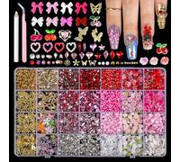 28 Grids Nail Charms Kit with Rhinestones for Nails, 3D Kawaii Bows, Cherry, Flowers, Butterfly. Red Pink Gold Nail Gems, Pearls & Metal Studs. DIY Manicure Art Supplies with Wax Pen, Tweezers